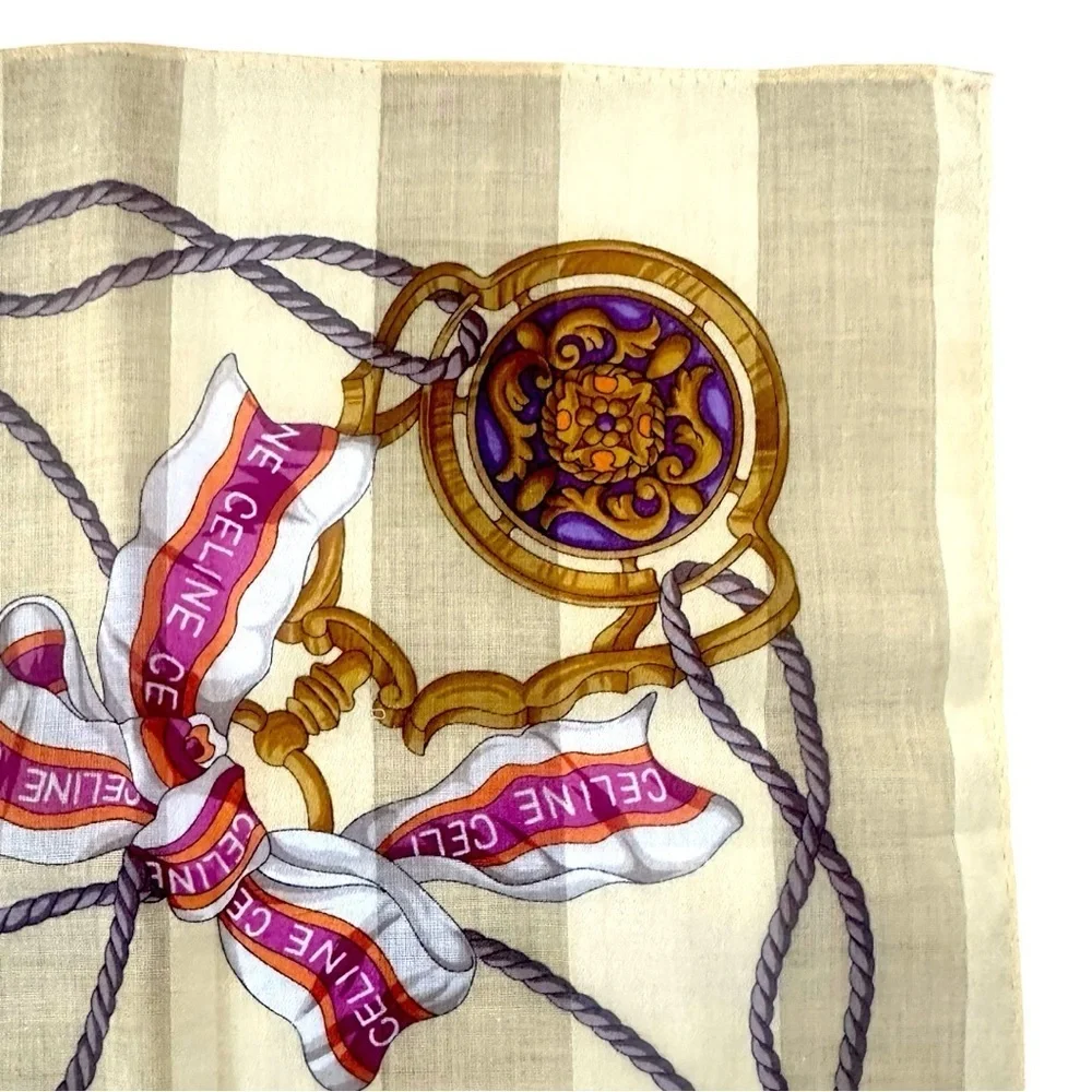 Celine Silk Scarf Duo Set Carriage Print & Ribbon Ropes 100% Silk 18” Squares